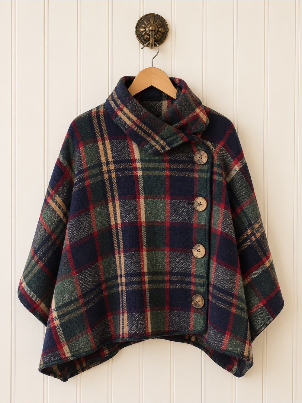Preppy plaid button pullover poncho fleece jacket poncho O/S